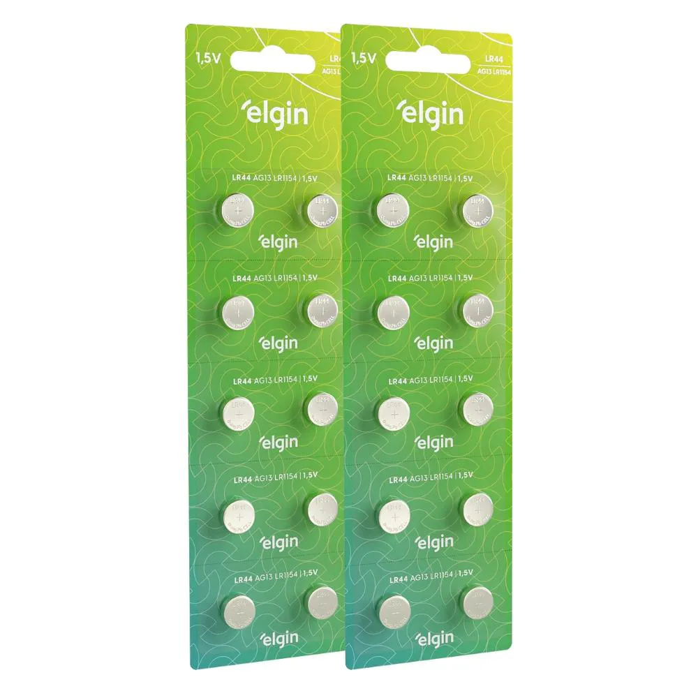 20 Baterias Pilhas Alcalina Lr44 1,5v Blister Cartela Elgin