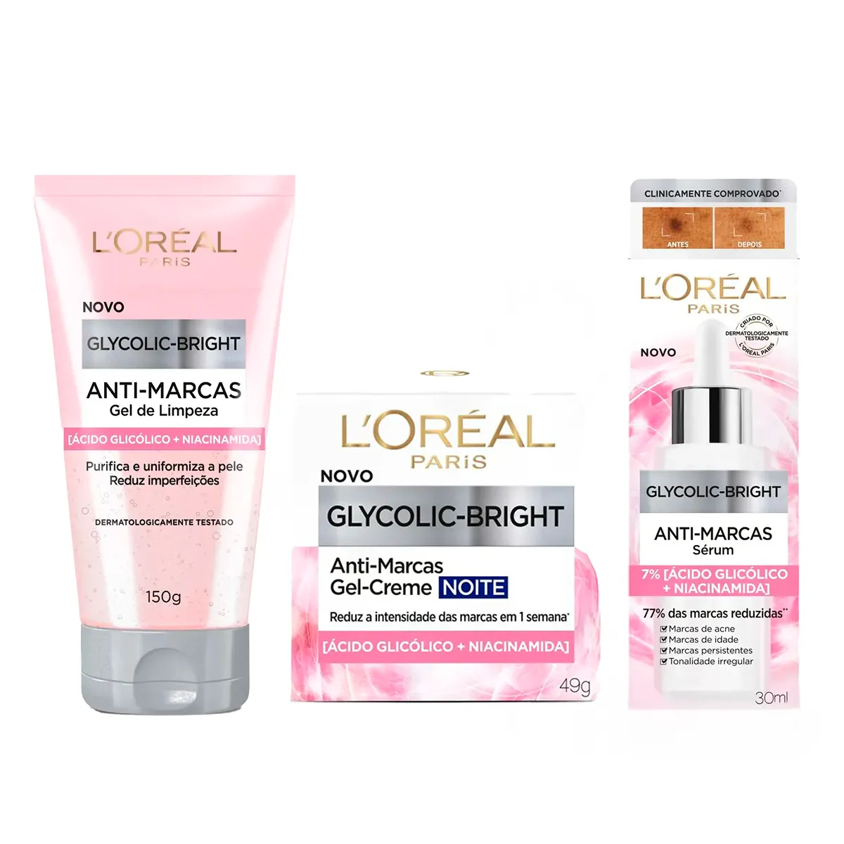 Kit L'Oréal Paris Glycolic-Bright Rotina Completa - Gel Limpeza + Sérum + Gel-Creme Noite