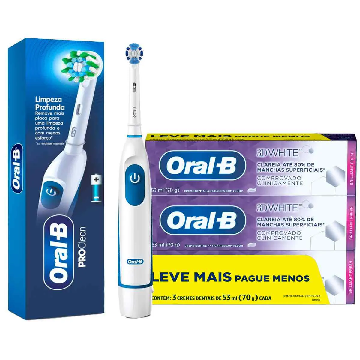 Kit Oral-B Escova de Dente Elétrica Pro-Clean Power + Pasta de Dente 3D White 3 unidades com 70g cada