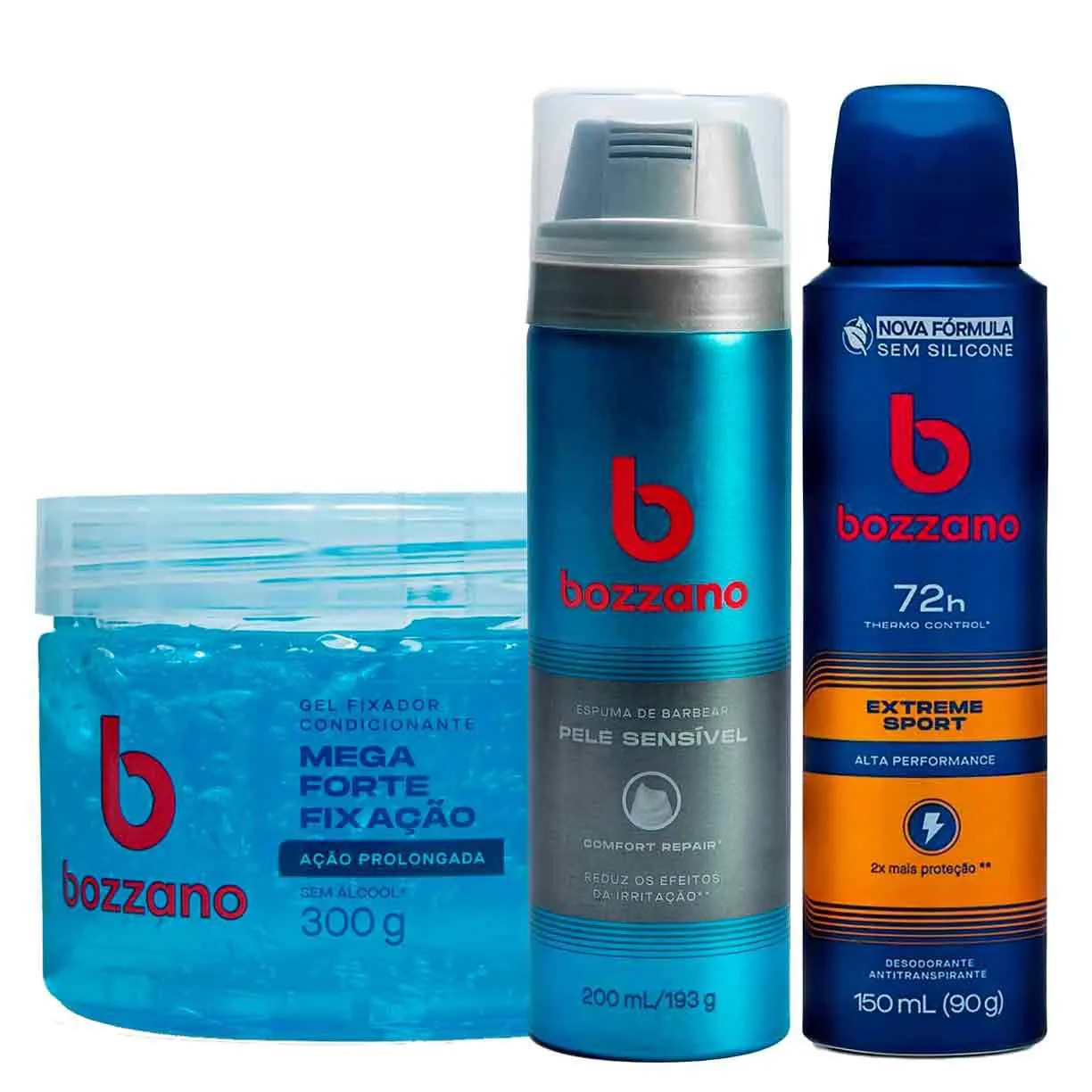 Kit Bozzano Masculino Gel Fixador Condicionante Ação Prolongada + Espuma de Barbear Pele Sensível + Desodorante Antitranspirante Aerosol Extreme Sport 72h