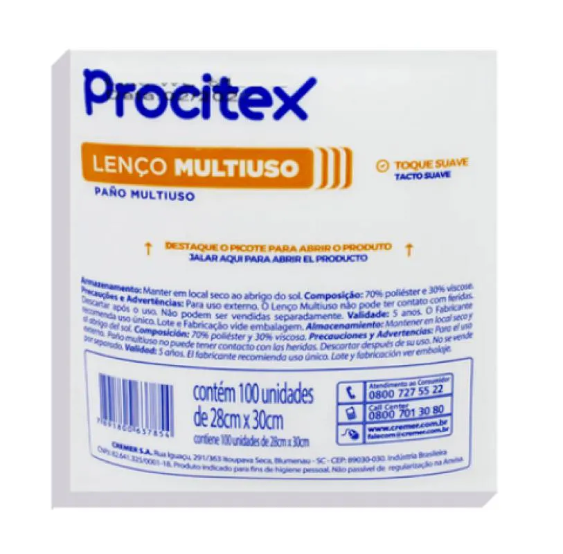 LENçO PARA BANHO 28X 30CM (PACOTE COM 100 UNIDADES) PROCITEX - CREMER