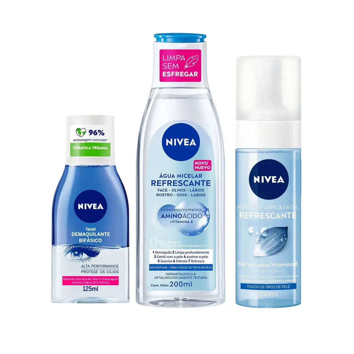 Kit Nivea Demaquilante Bifásico 125ml + Água Micelar 7 em 1 Refrescante 200ml + Mousse de Limpeza Facial 150ml