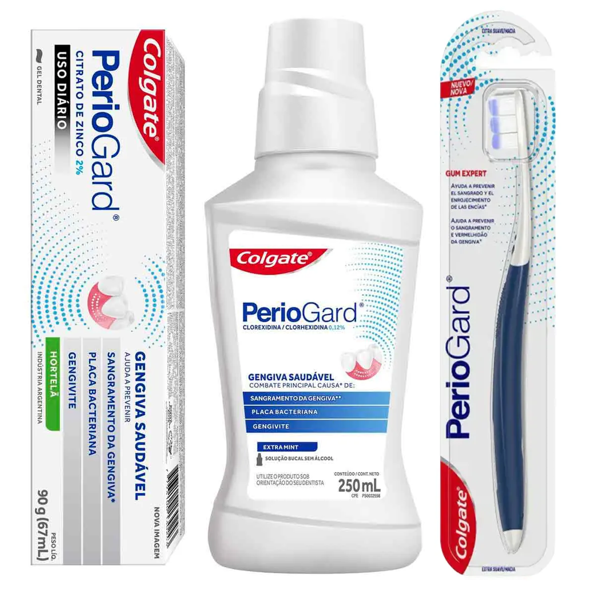 Kit Cuidado com a Gengiva Periogard Pasta de Dente em Gel Sabor Hortelã + Escova de Dente Extra Macia + Enxaguante Bucal Sem Álcool Extra Mint