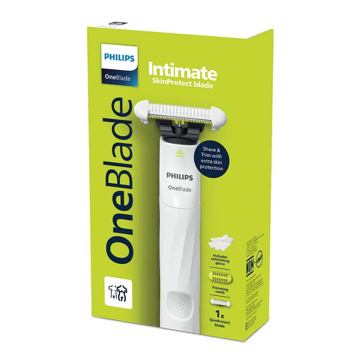 Depilador Philips OneBlade Intimate 1 unidade de lâmina Skin Protect + 1 pente corporal 3mm + 1 luva de esfoliação