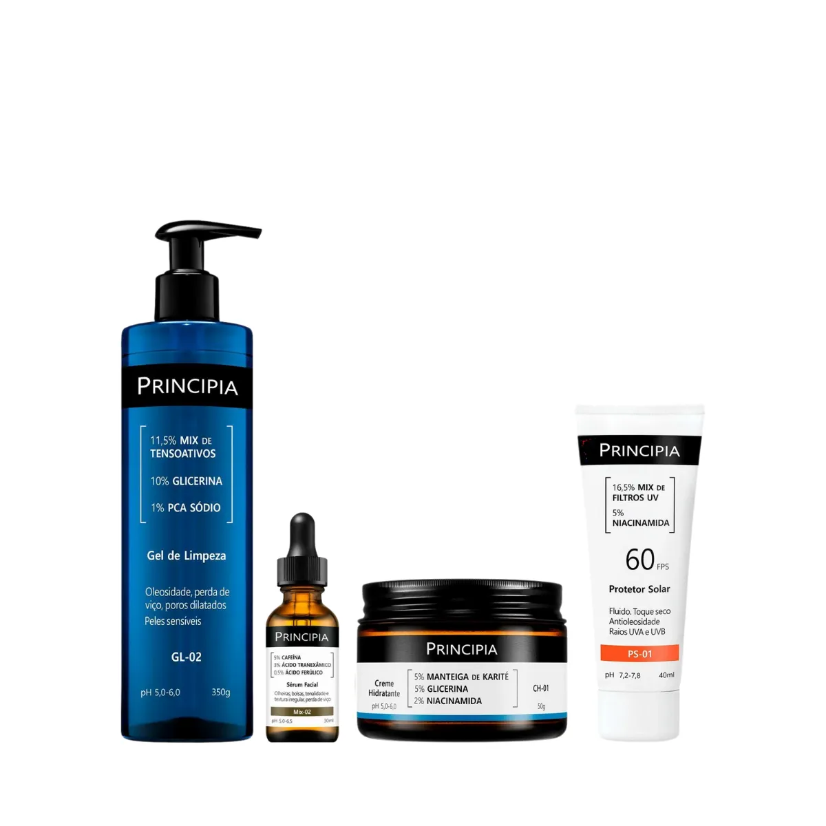 Kit Facial Principia Skincare Gel de Limpeza Suave GL-02 350ml + Sérum Anti-Idade Mix-02 30ml + Creme Hidratante CH-01 50g + Protetor Solar PS-01 FPS 60 40ml