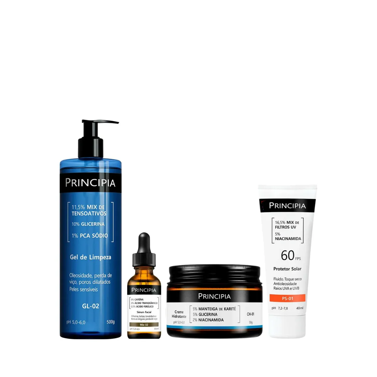 Kit Facial Principia Skincare Gel de Limpeza Suave GL-02 500ml + Sérum Anti-Idade Mix-02 30ml + Creme Hidratante CH-01 50g + Protetor Solar PS-01 FPS 60 40ml