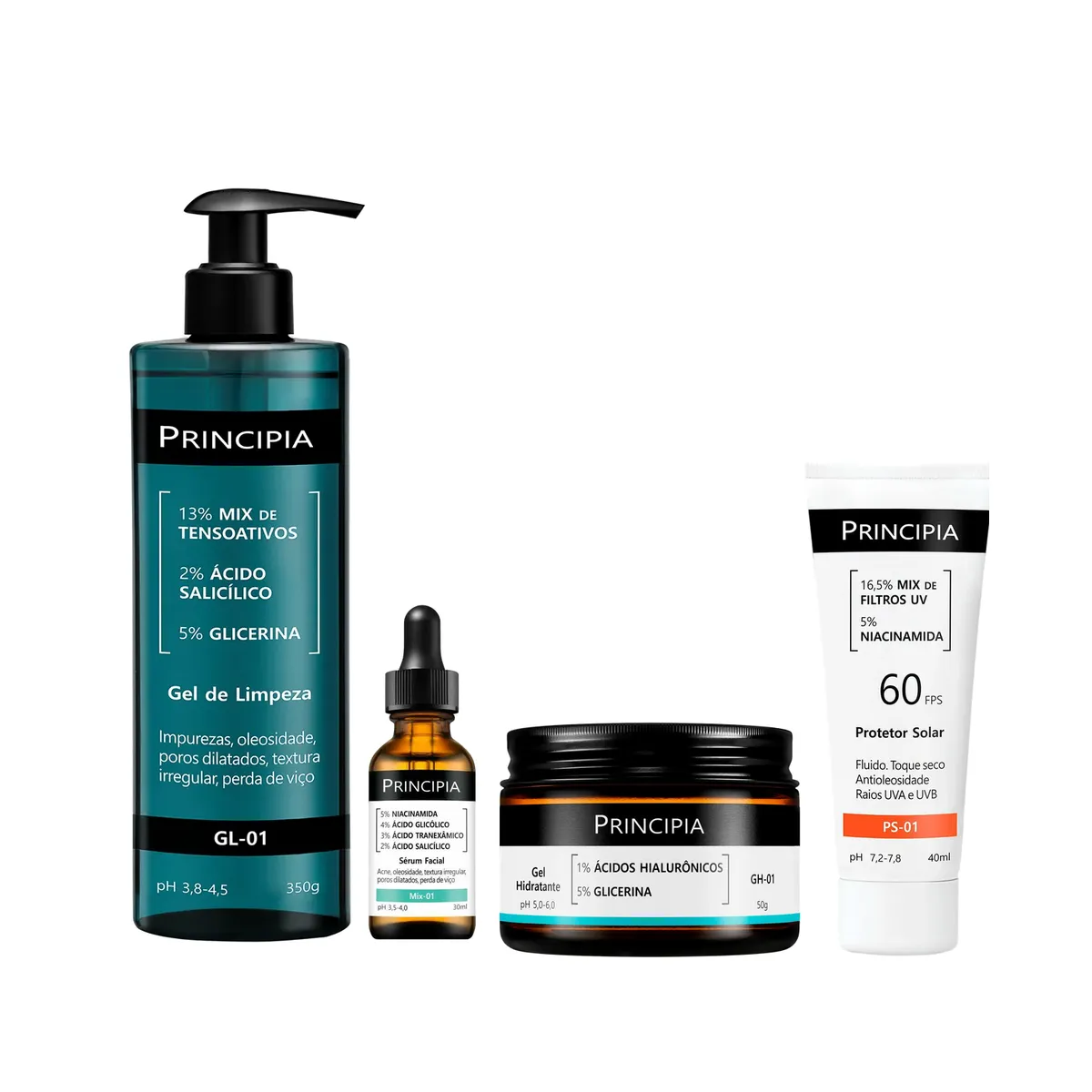 Kit Facial Principia Skincare Gel de Limpeza GL-01 350ml + Sérum Renovador Antiacne Mix-01 30ml + Gel Hidratante GH-01 50g + Protetor Solar PS-01 FPS 60 40ml