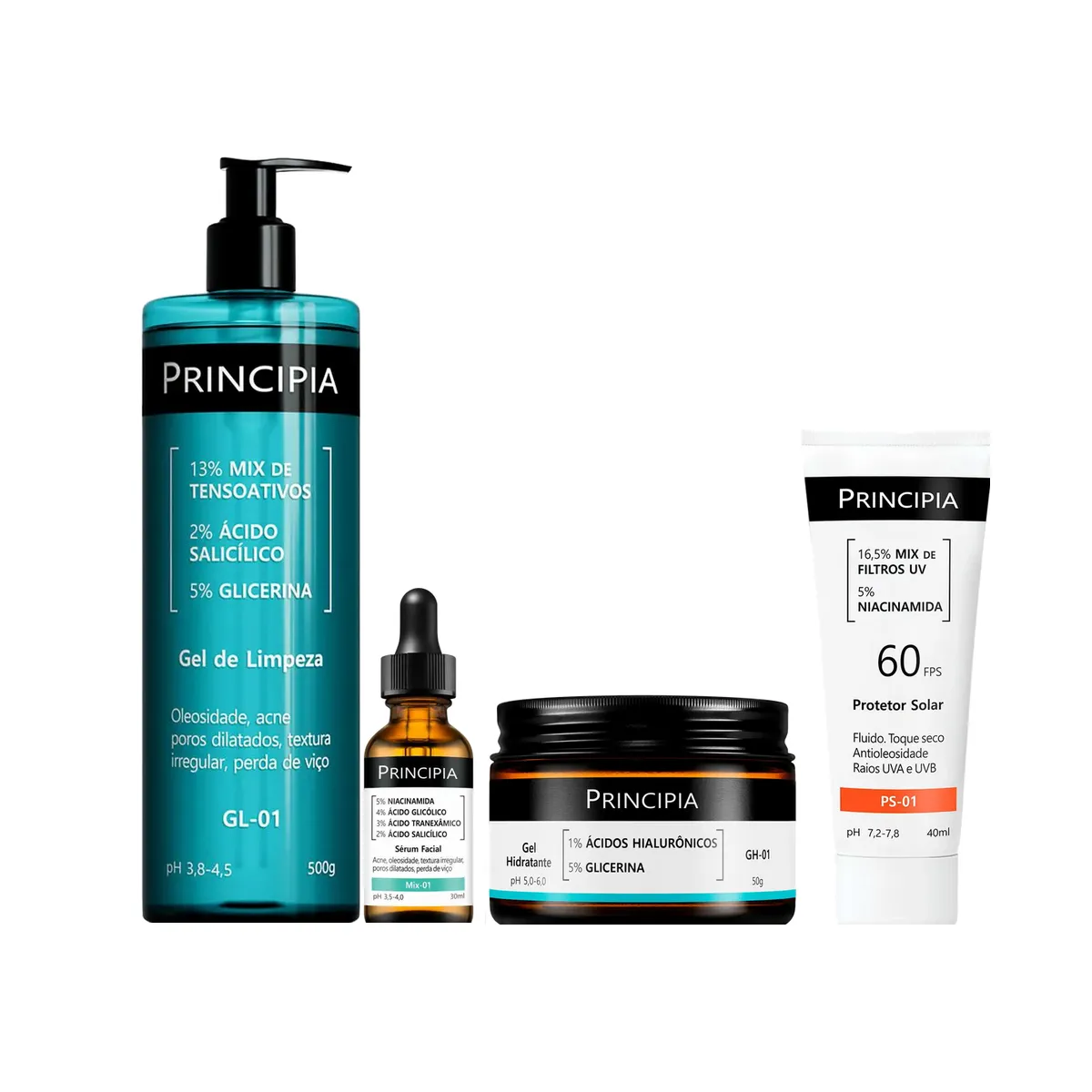 Kit Facial Principia Skincare Gel de Limpeza GL-01 500ml + Sérum Renovador Antiacne Mix-01 30ml + Gel Hidratante GH-01 50g + Protetor Solar PS-01 FPS 60 40ml