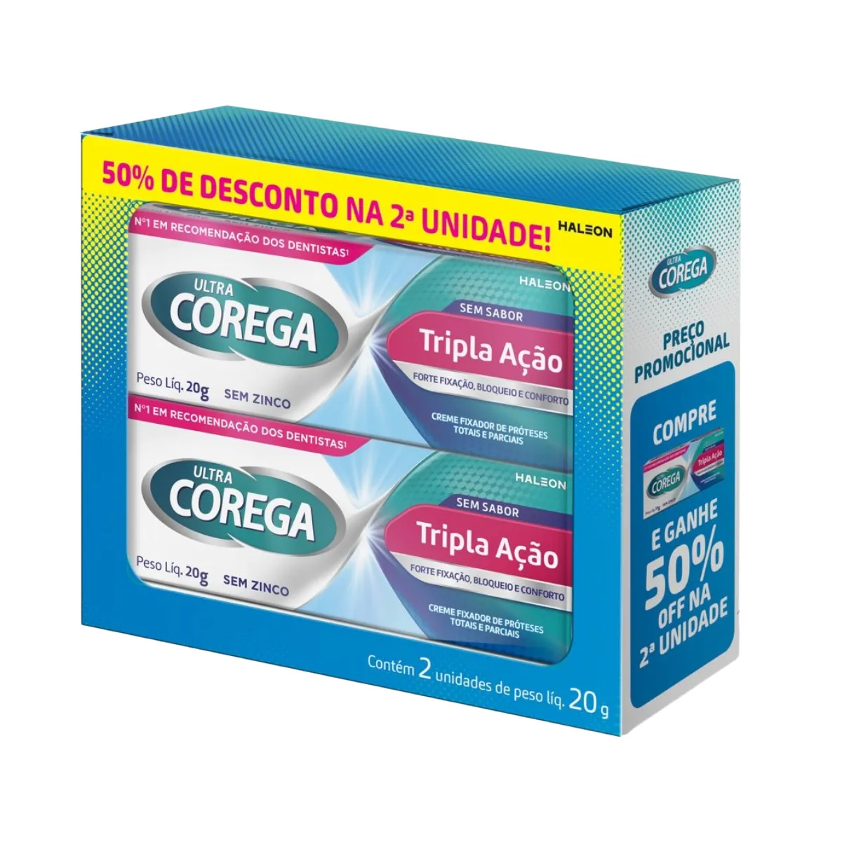 Kit Creme Fixador de Dentadura Corega Ultra Tripla Ação Sem Sabor 20g 2 unidades