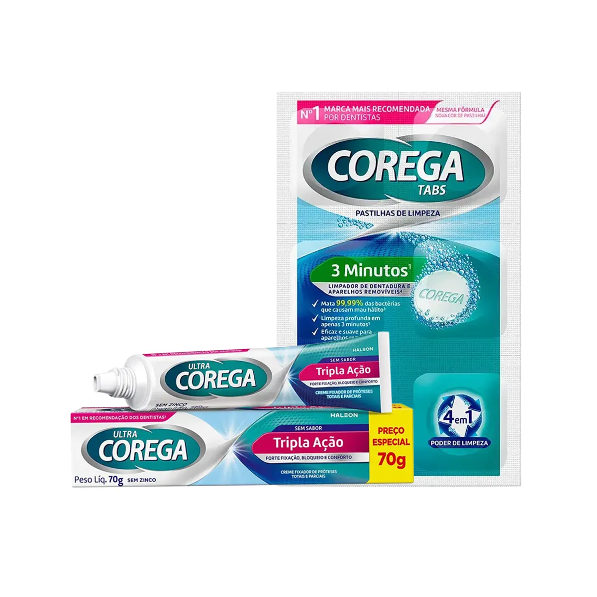 Kit Corega Creme Fixador Ultra Tripla Ação Sem sabor 70g + Tabs Limpeza 3 Minutos 6 Pastilhas