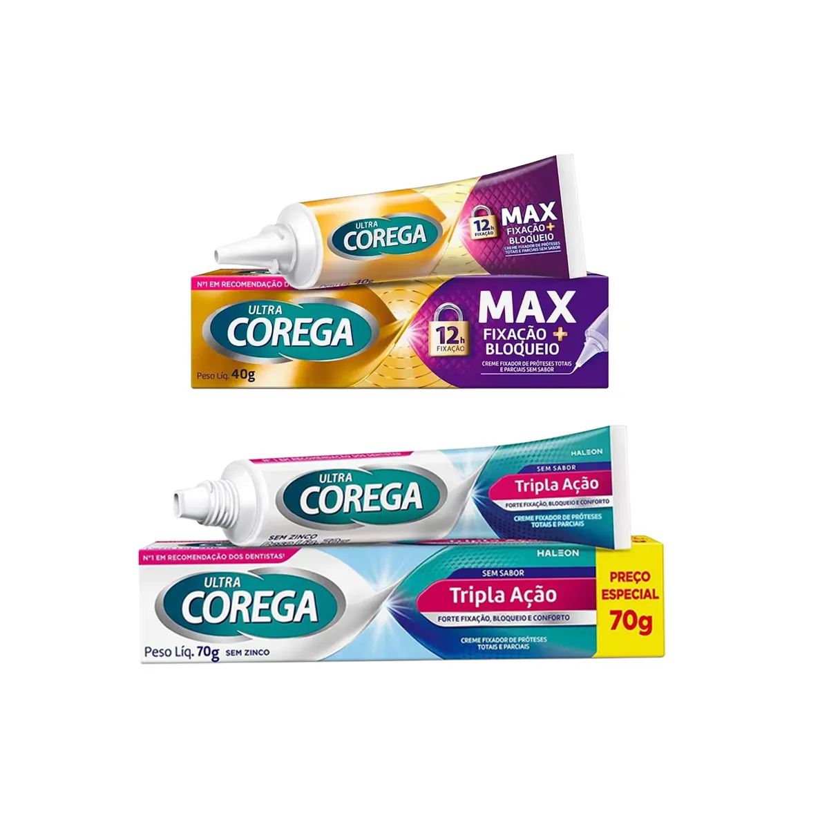 Kit Creme Fixador de Dentadura Corega Ultra Tripla Ação Sem Sabor 70g + Max Fixação 40g