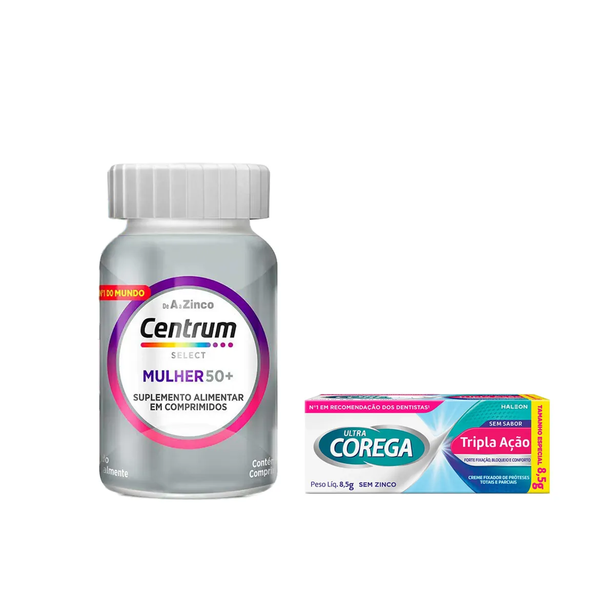 Kit Creme Fixador de Dentadura Ultra Corega Tripla Ação Sem Sabor 8,5g + Polivitamínico Centrum Select Mulher 50+ 60 comprimidos