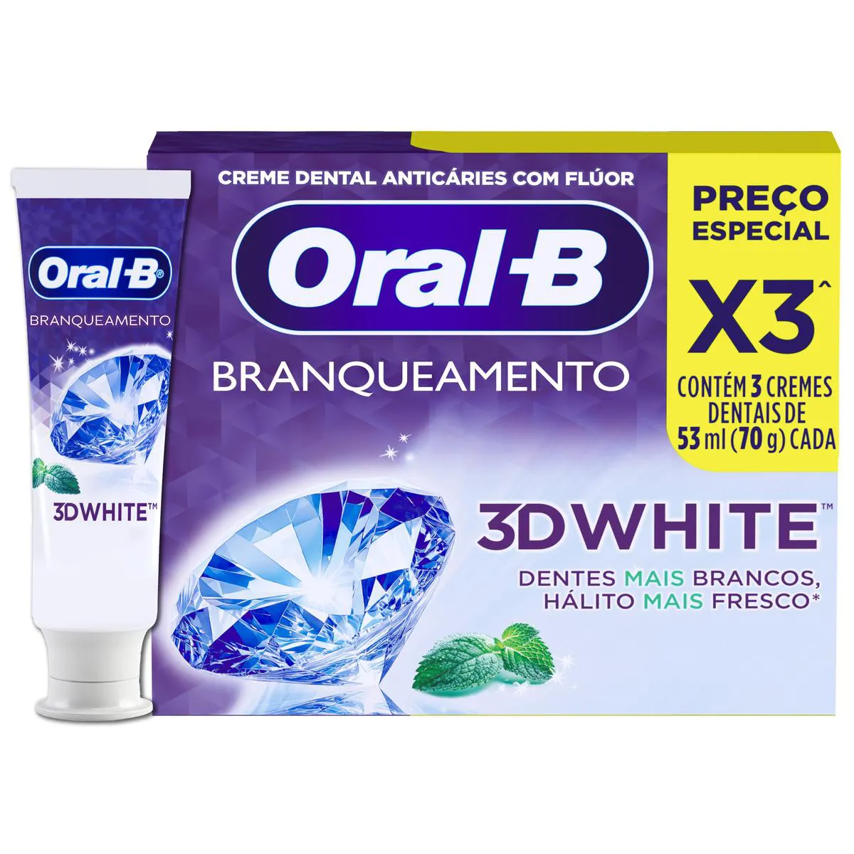 Creme Dental Oral-B 3D White Branqueamento 70g 3 unidades