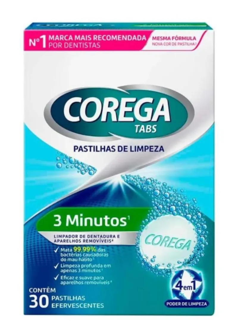 Corega Tabs Limpador de Próteses Dentárias Sabor Menta 30 Pastilhas