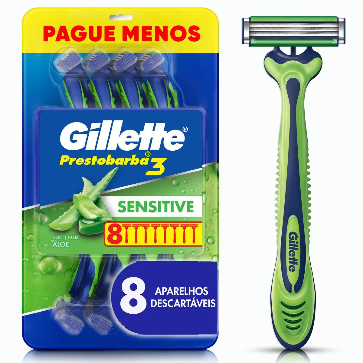 Aparelho de Barbear Gillette Prestobarba 3 Sensitive Aloe Vera 8 unidades