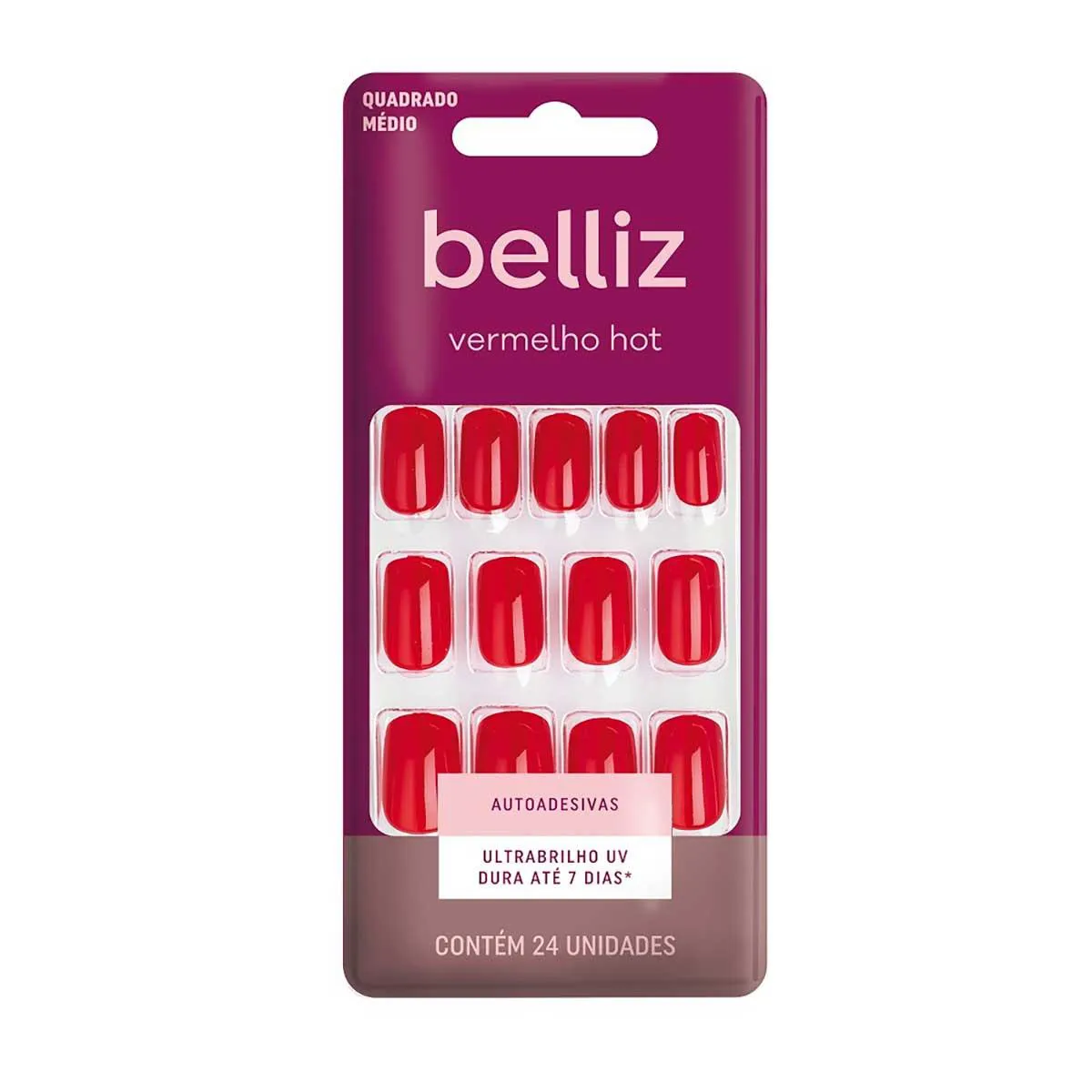 Unhas Postiças Autoadesivas Belliz Vermelho Hot 24 Unidades