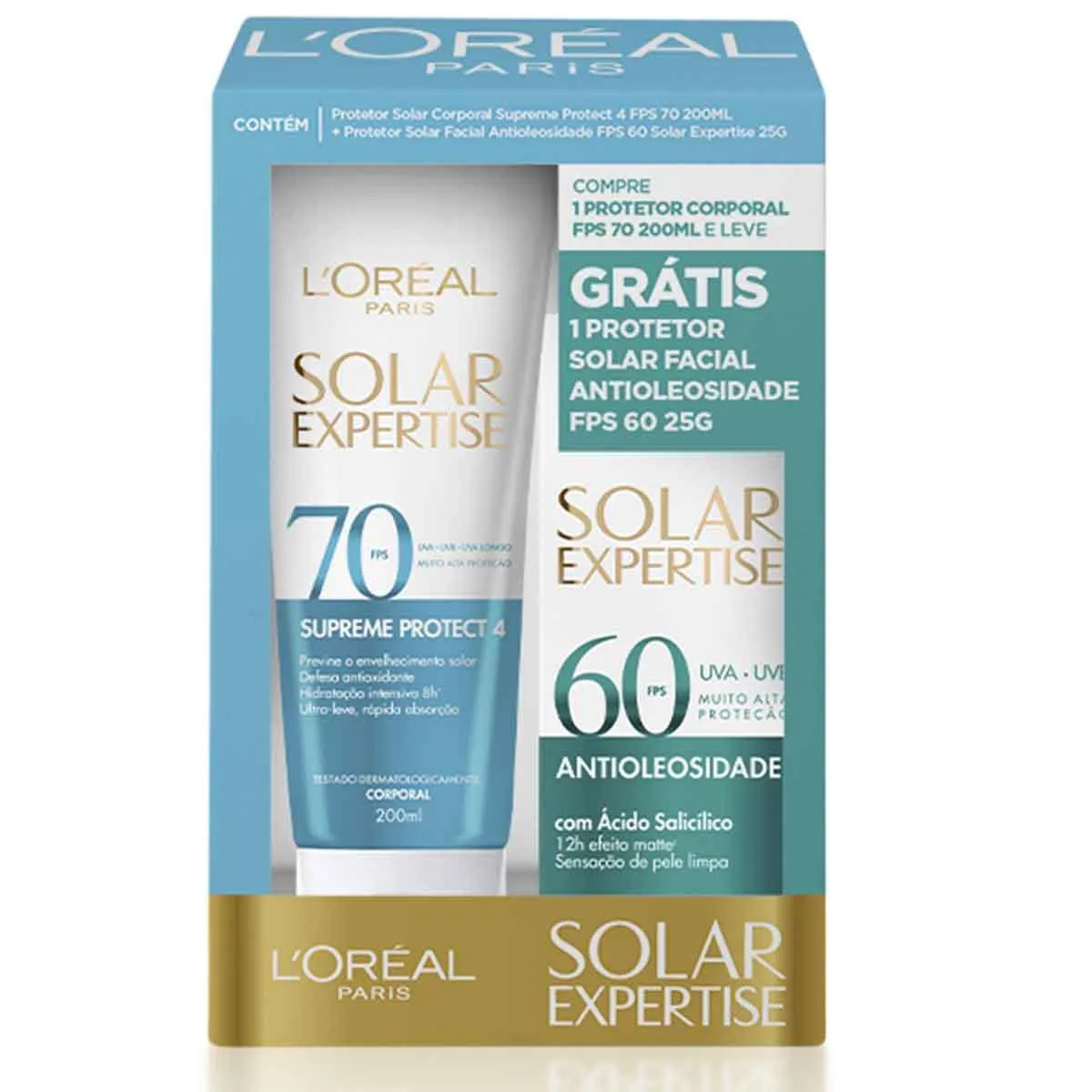 Kit Protetor Solar L'Oréal Expertise Corporal Supreme Protect 4 FPS 70 200ml + Facial Antioleosidade Efeito Matte FPS 60 25g