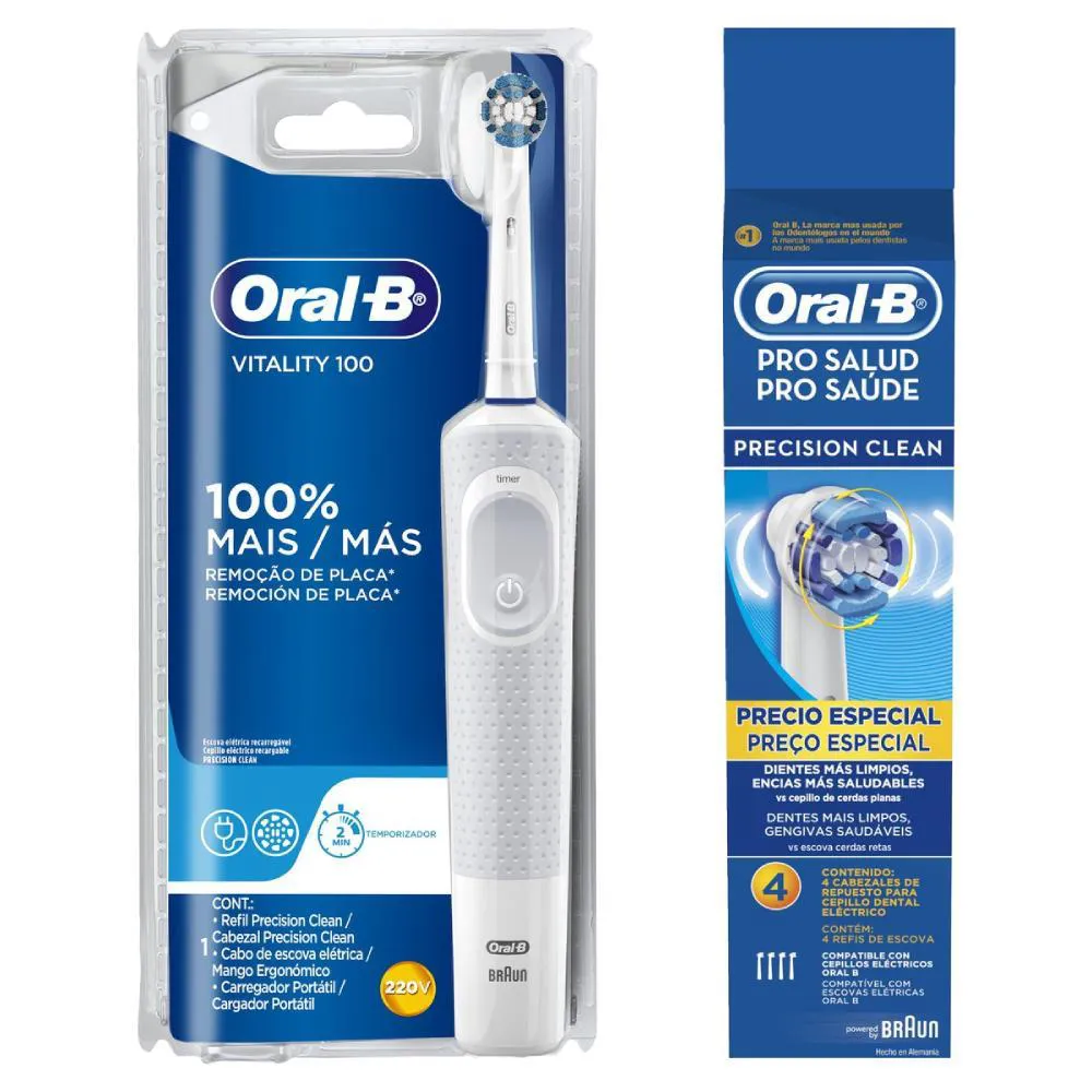 Escova Elétrica Oral-B Vitality D12 220v + Refil Oral-B Precision Clean com 4 unidades
