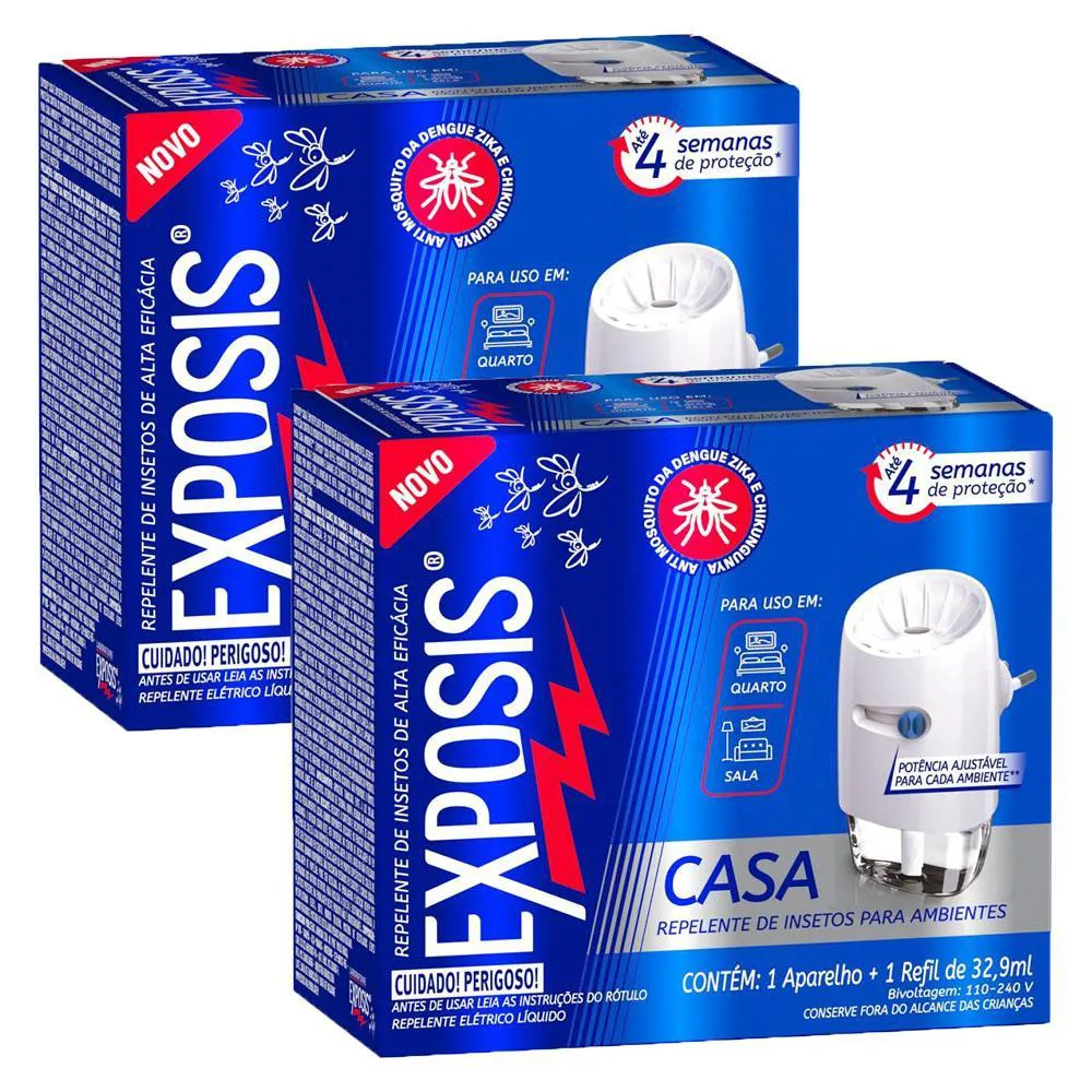 Kit 2 Aparelhos Elétrico + Refil Repelente Líquido Exposis Casa 32,9ml