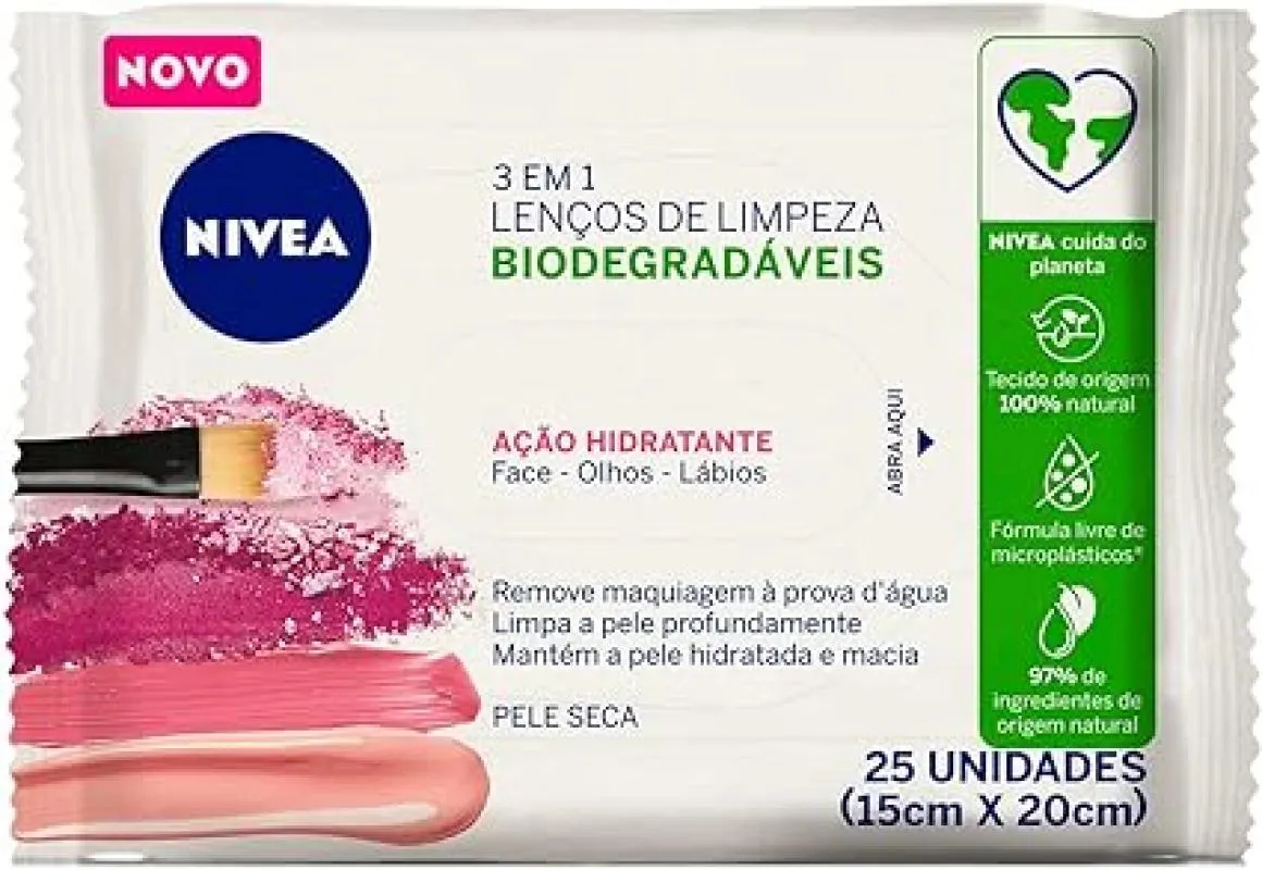 Lenço Demaquilante Nivea 3 em 1 Ação Hidratante 25 unidades