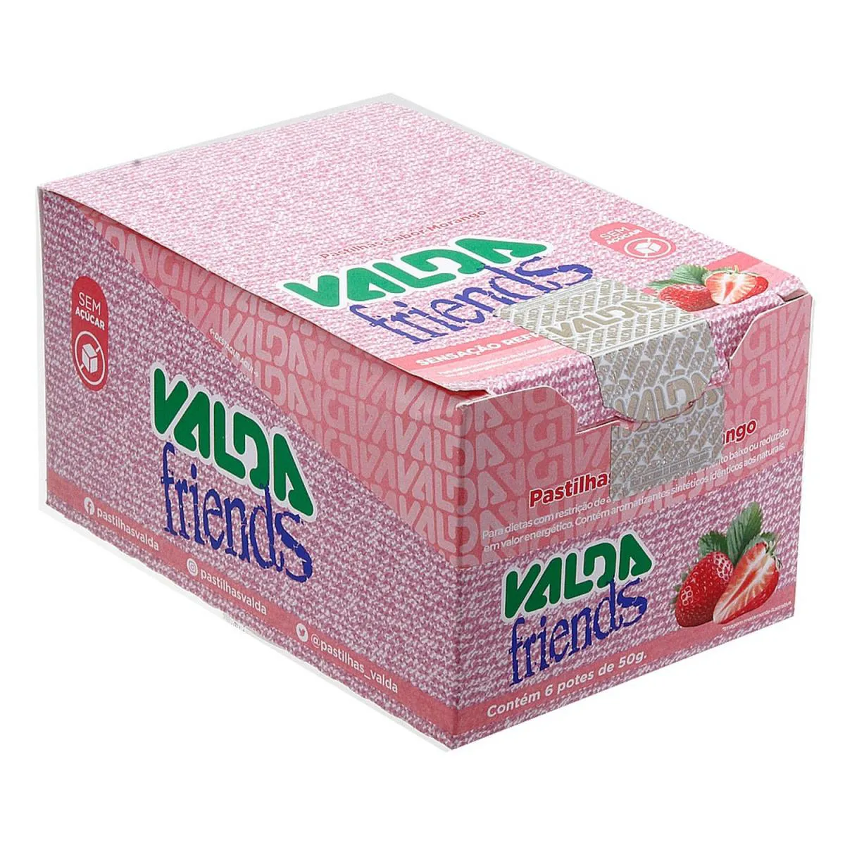 Valda Friends Pastilha de Mentol Sabor Morango sem Açúcar Caixa com 6 Potes de 50g