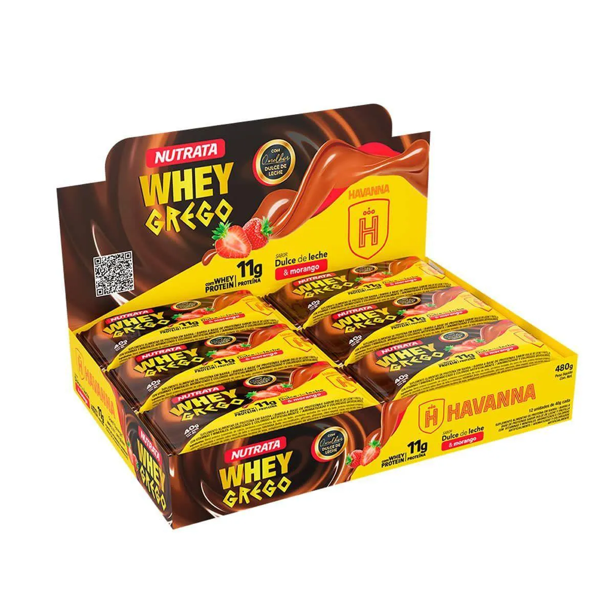 Barra Whey Grego Bar – 12 Unidades de 40G Dulce de Leche Havanna e Morango – Nutrata