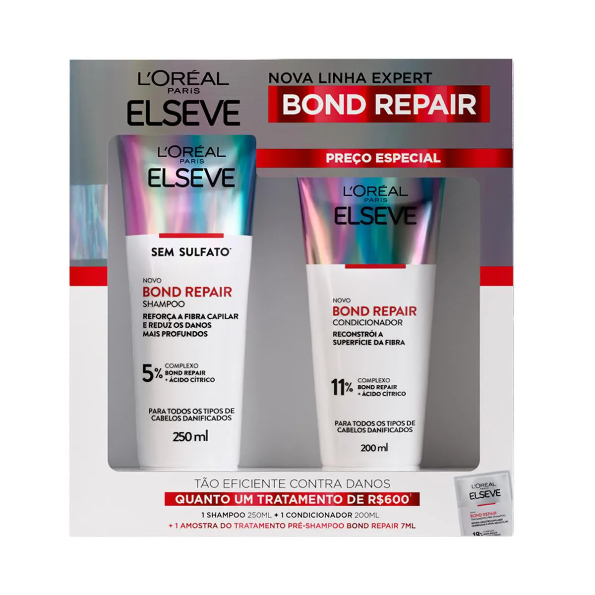 Kit Elseve Bond Repair Shampoo 250ml + Condicionador 200ml + Amostra Pré Shampoo Reparação Completa 7ml