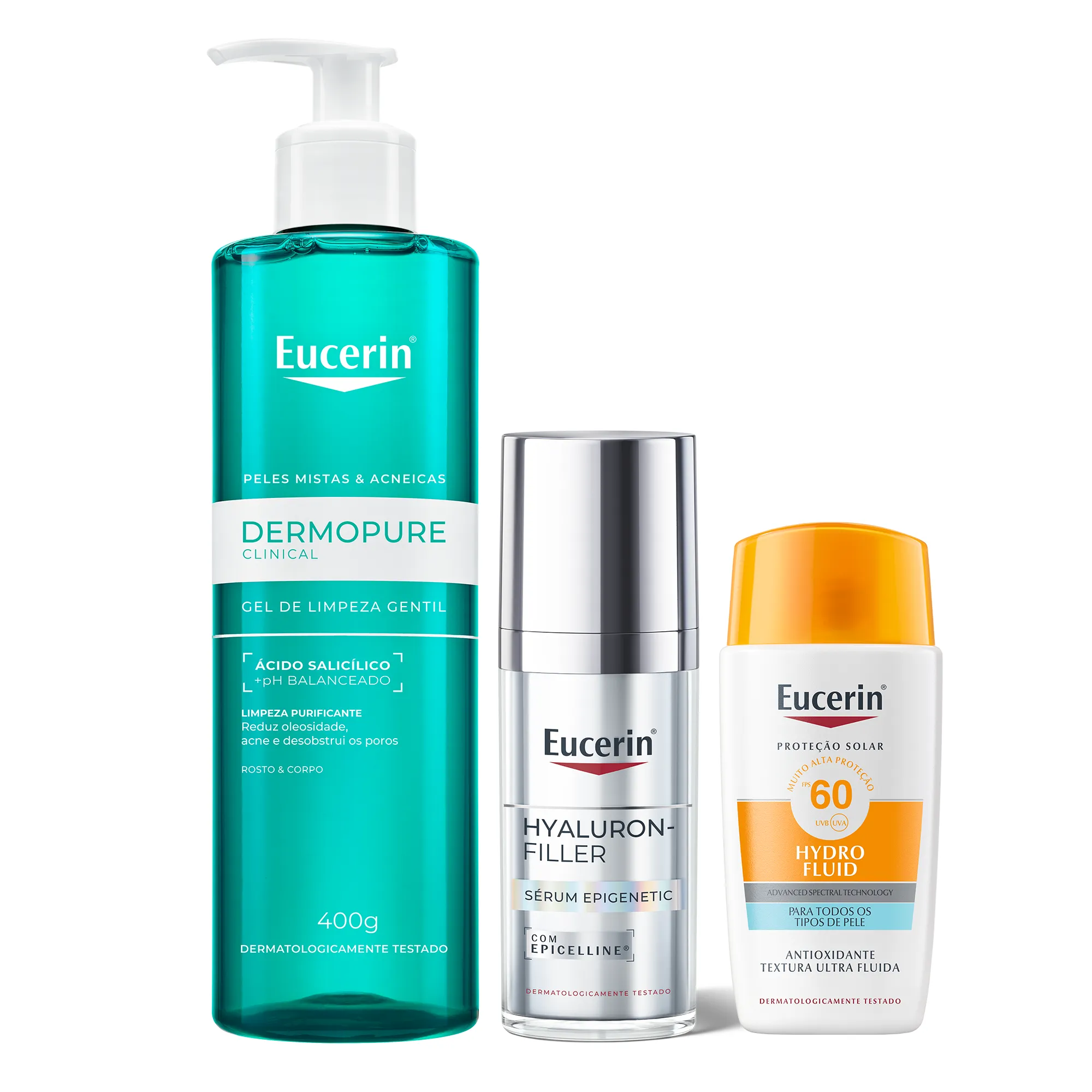 Kit Facial Eucerin Gel de Limpeza Dermo Pure Concentrado 400g + Sérum DermoPure Oil Control Efeito Triplo 40ml + Protetor Solar Gel Creme Antioleosidade FPS 60 Sun 52g