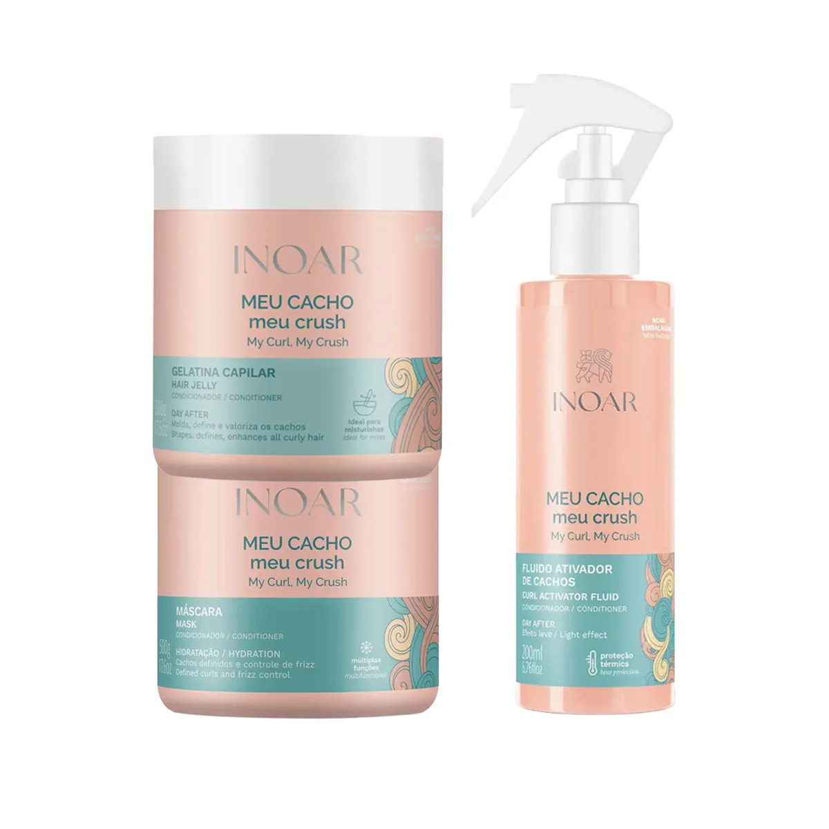 Kit Inoar Meu Cacho Meu Crush Gelatina 500g + Máscara de Hidratação 500g + Ativador de Cachos 200ml