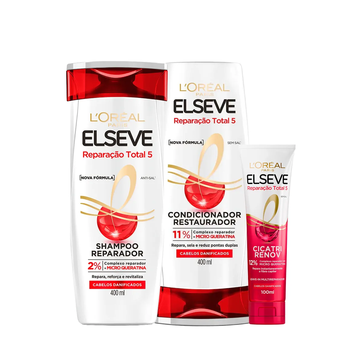 Kit L’Oréal Paris Elseve Reparação Total 5 Shampoo 400ml + Condicionador 400ml + Leave-in Cicatri Renov 100ml