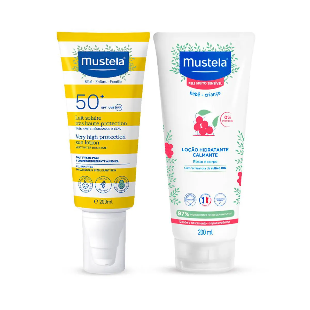 Kit Mustela Protetor Solar Corporal FPS 50+ Infantil e Adulto Spray 200ml + Hidratante Bebê Calmante para Pele Muito Sensível 200ml