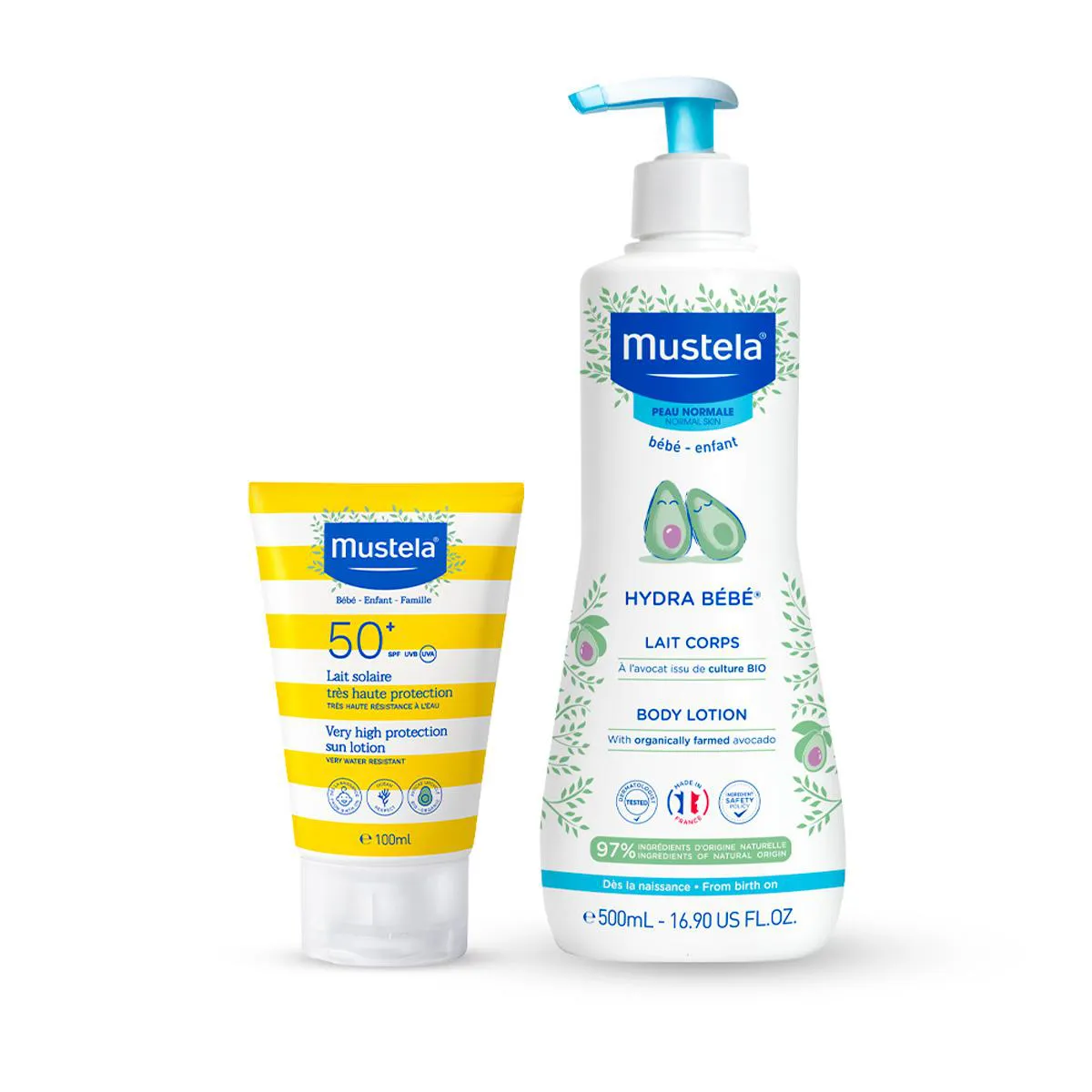 Kit Mustela Protetor Solar Corporal Loção FPS 50+ 100ml + Hidratante Infantil Hydra Bebê para Pele Normal 500ml