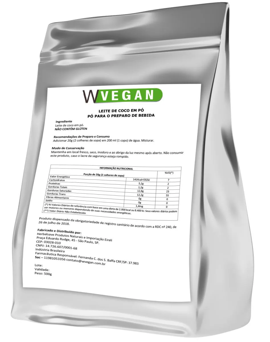 Leite de Coco em Pó 1kg Embalagem Refil Wvegan Vegano